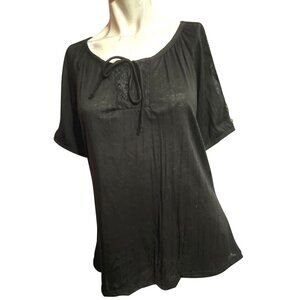 Kim Rogers Black Lace Short Sleeve Boho Casual Blouse Sz Small Petite Women's Cu